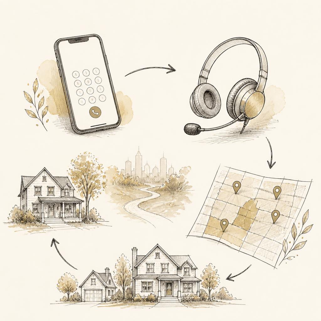 Hand-drawn sketch of the Vynixo prospecting process: calls, territories and homes