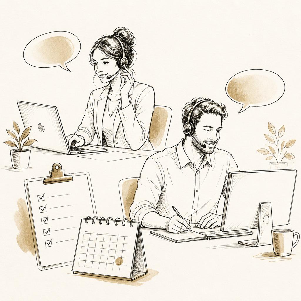 Hand-drawn sketch of the Vynixo SDR and account management team at work